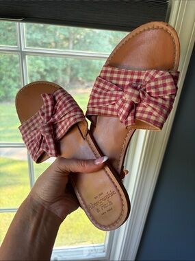 Abercrombie & Fitch Tan Leather Slide Sandals with Red Gingham Bow